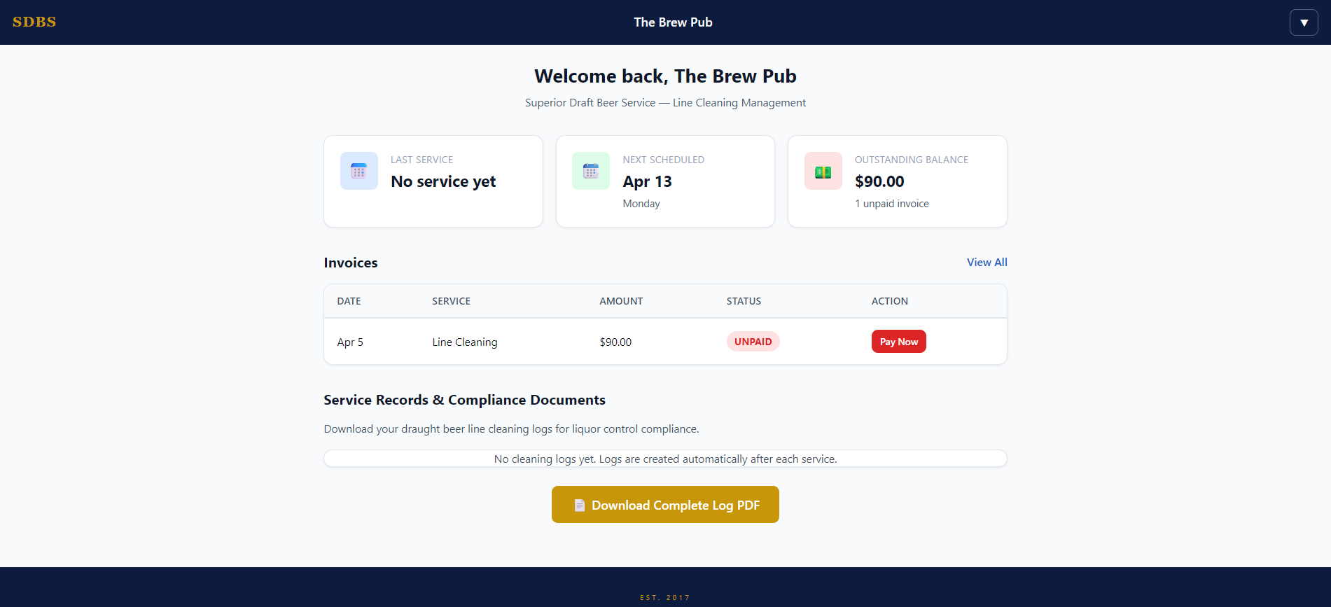 SDBS customer portal dashboard